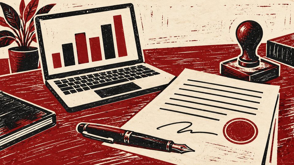 Linocut: a laptop with a bar chart, a signed contract with a red seal, a stamp and a fountain pen on a desk