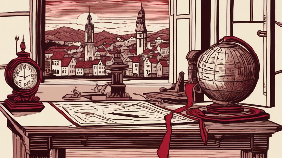 Desk with a globe, a document with a seal ribbon and a view of the old town through the window — linocut