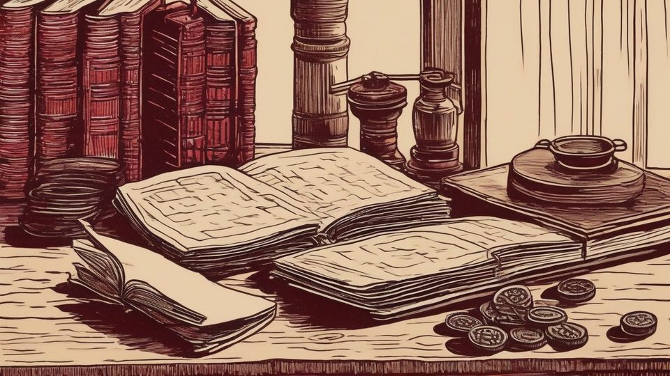 Раскрытые книги учёта и монеты на столе — гравюра к регистрации плательщика единого налога